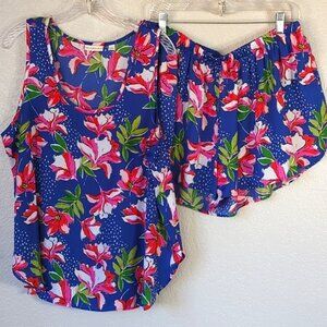 Van Winkle & Co. Size L/XL Pajama Set Tank Top & Short Bottoms Blue Floral Satin